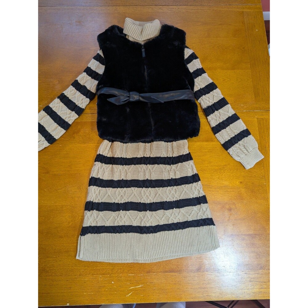 Rachel Zoe Girls L (10/12) Faux Fur Vest + Knit Sweater Dress Set Black Beige